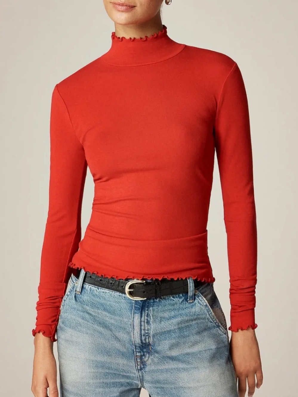 J. CREW Refined Rib Lettuce Trim Turtleneck Knit Top Ruby Red NWOT Sz S